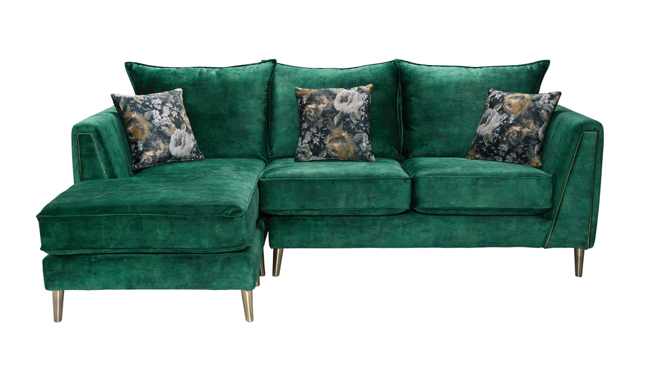 Vivo 4 Seater Lounger Sofa In Milano Emerald Green Fabric With Blossom Gold Olive Scatters